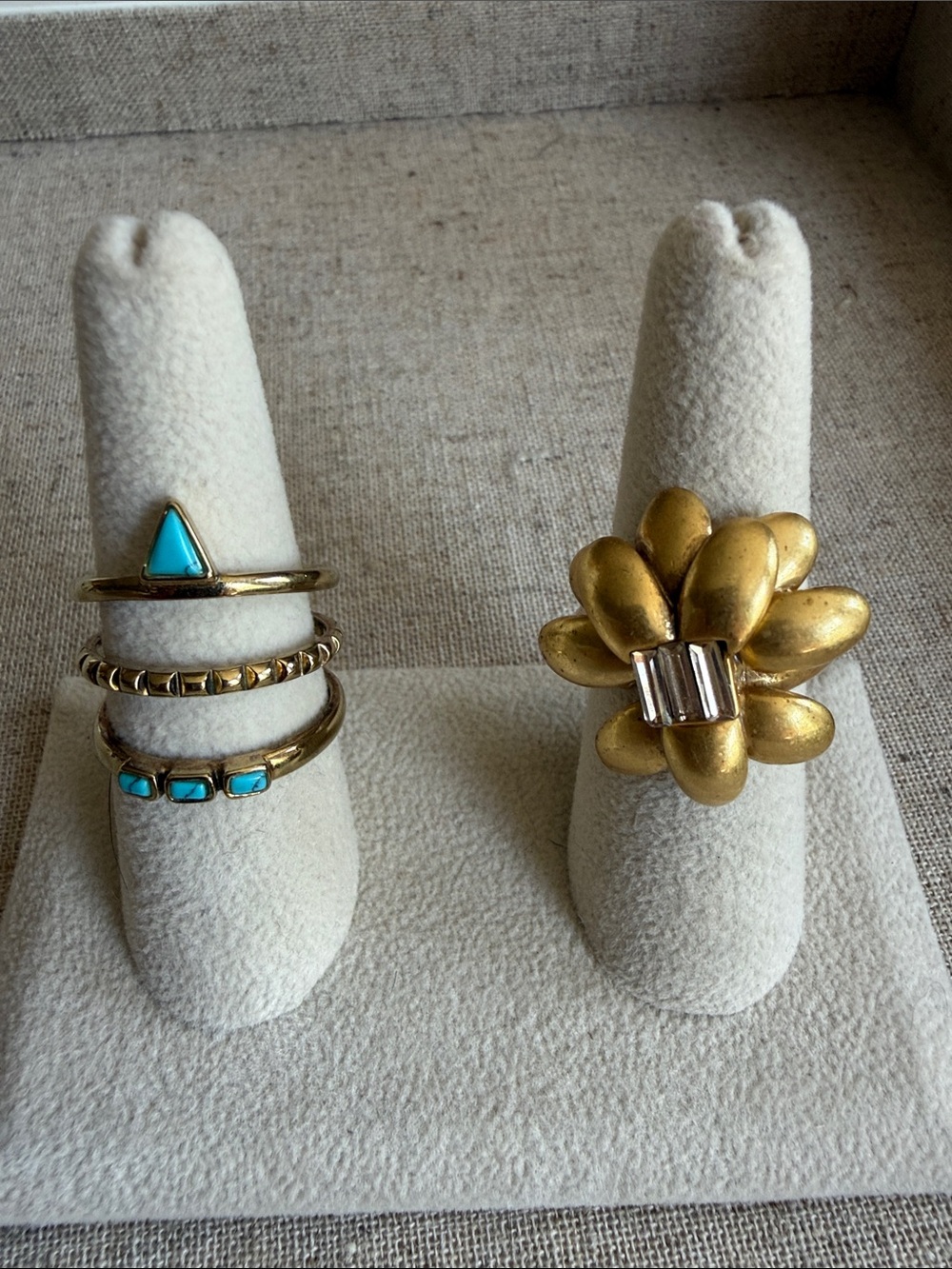 Stella & Dot Turquoise Ring + Gold-Tone Flower Cocktail Ring Clear Stone Accent
